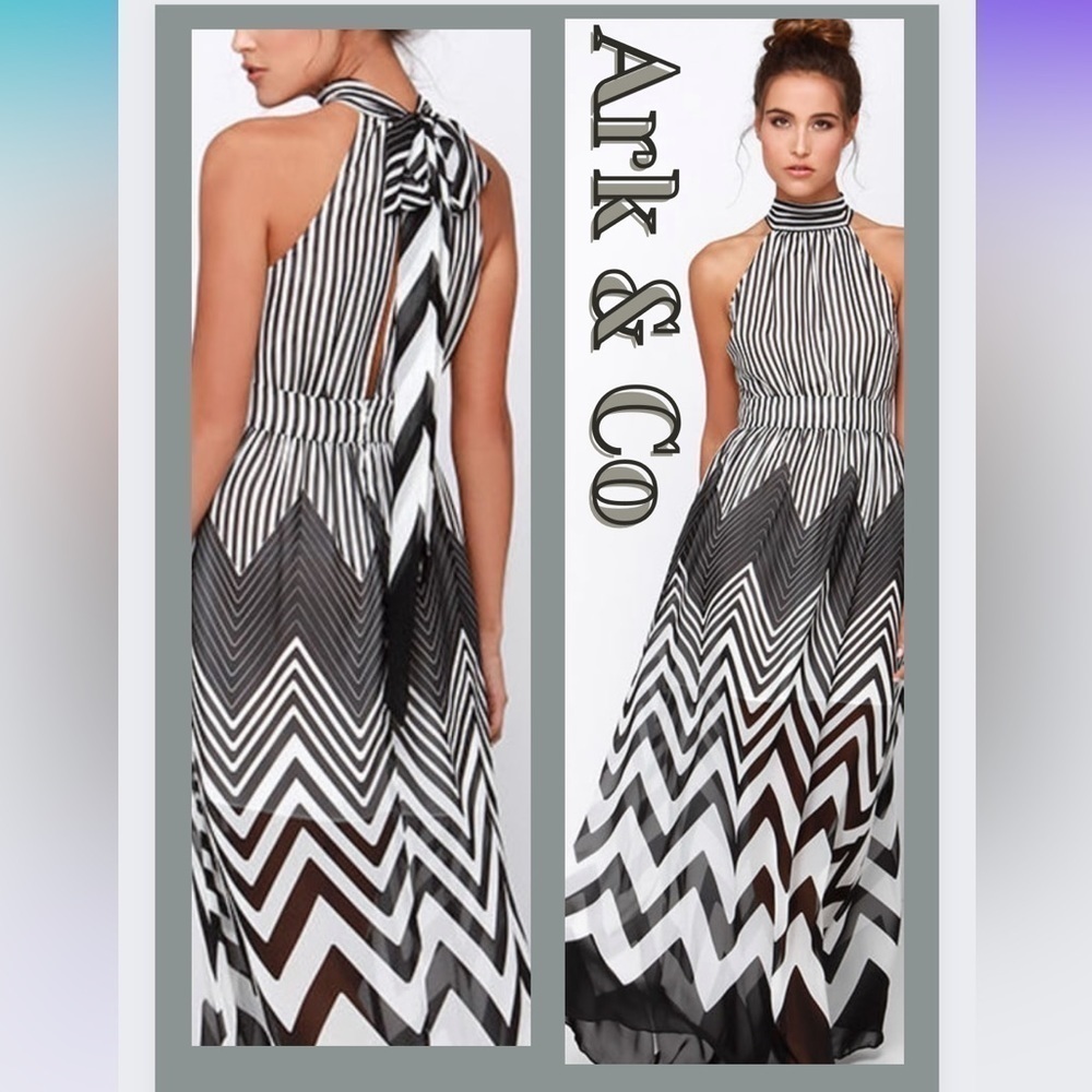 (Sold)Ark & Co., Gorgeous Black/White Maxi Dress, Choker-Neck,HUGE Amazing Bow,M